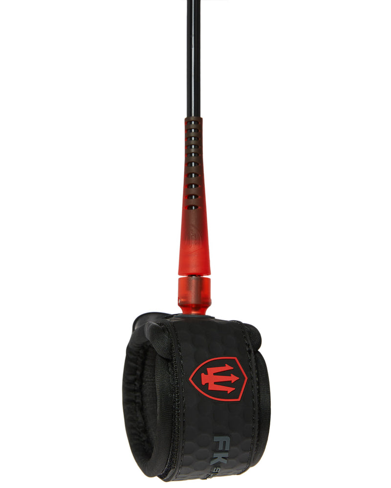 Black and red surfboard leash with a brand logo on a white background