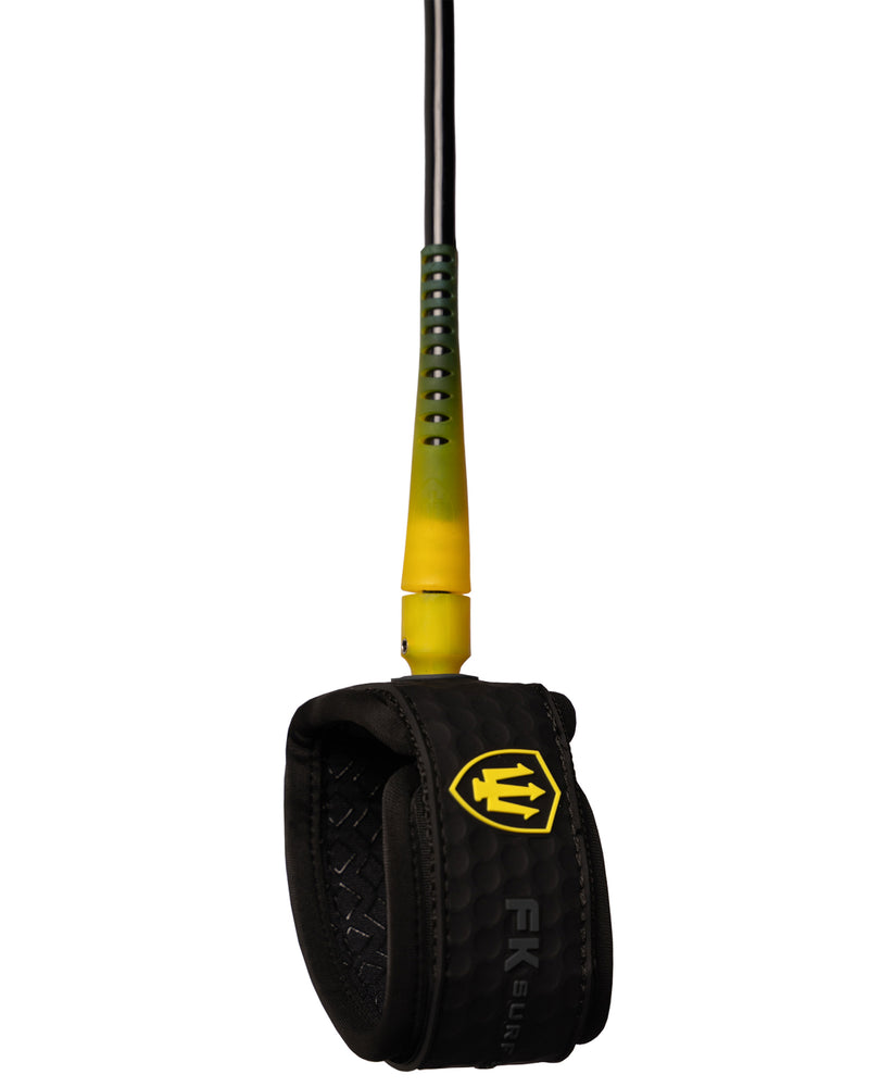 Black and yellow surfboard leash with brand logo on a white background