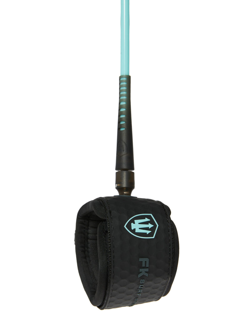 Black wrist strap with teal logo on a white background
