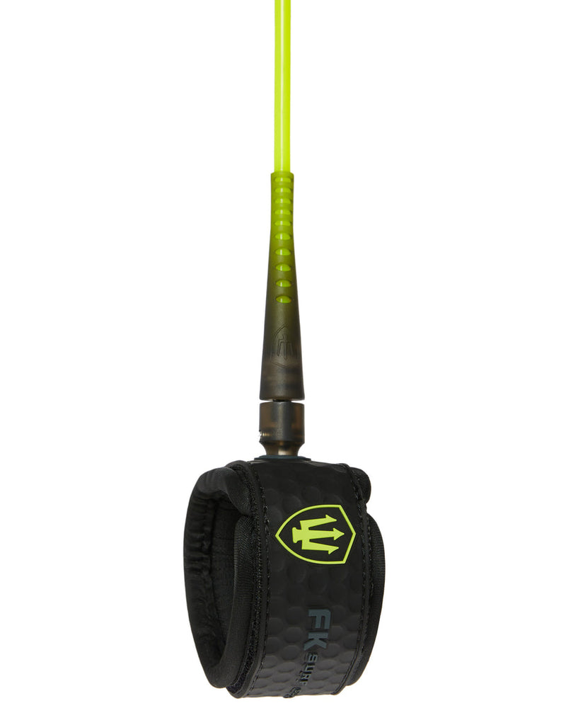 Black and green surfboard leash with a brand logo on a white background