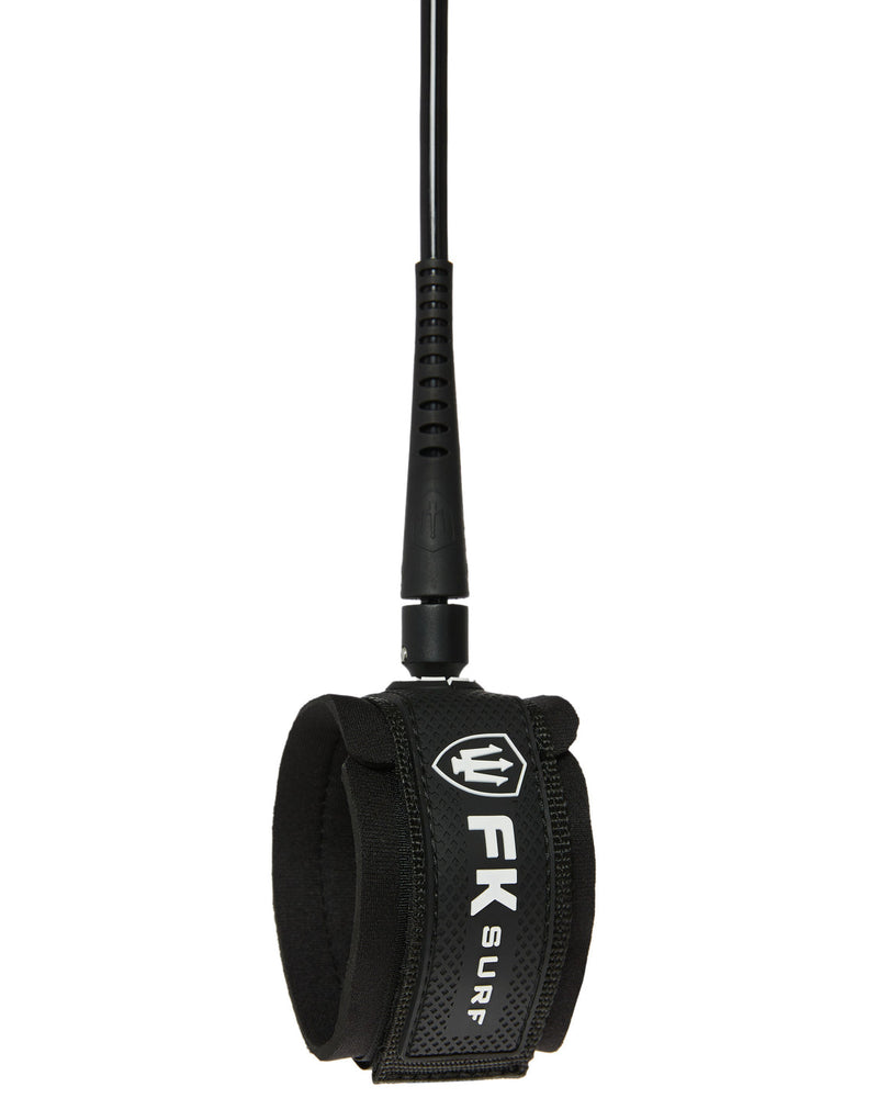Black surfboard leg rope with padded ankle strap and trident logo, featuring a durable swivel and coiled cord.

