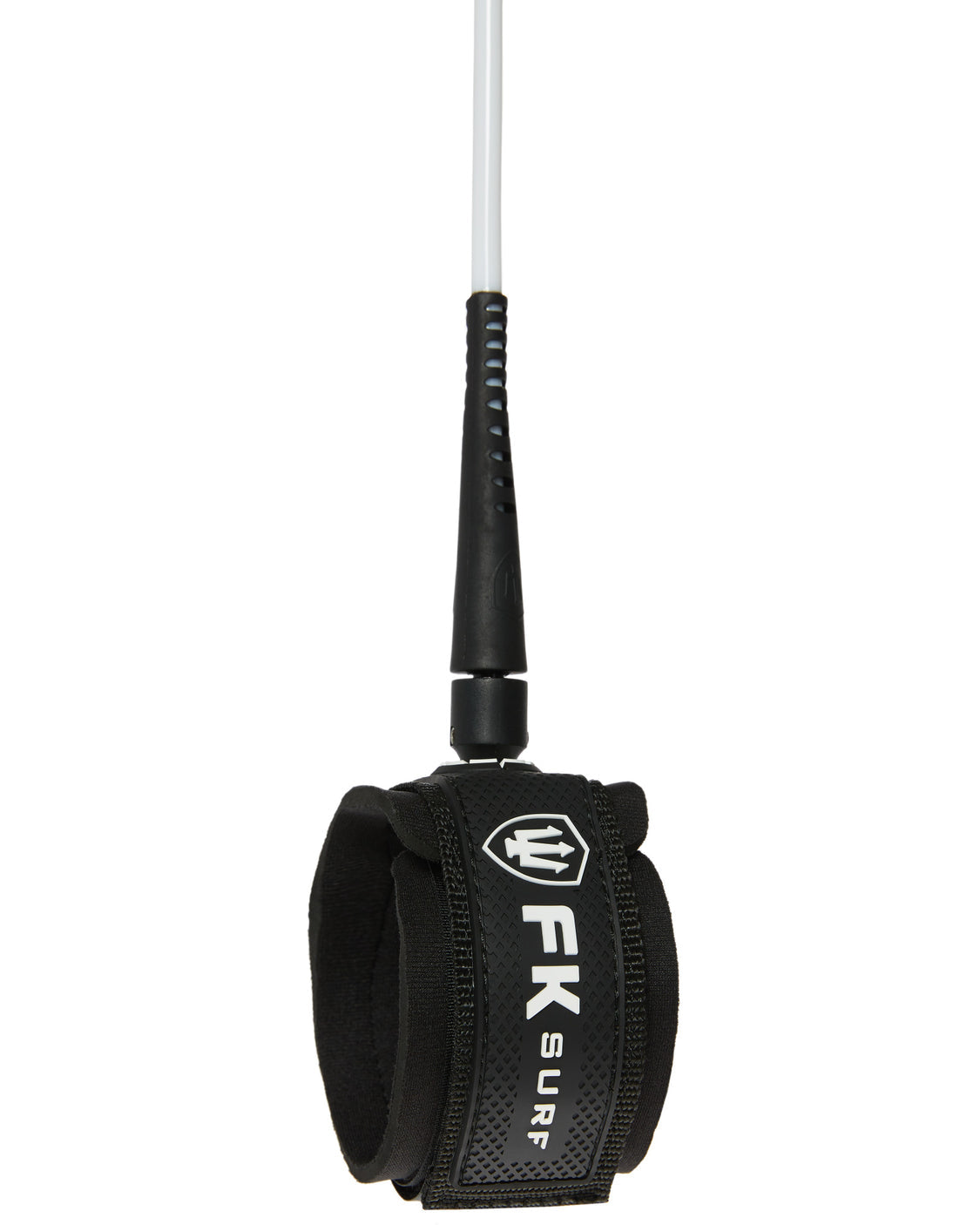 Black surfboard leash with white cord, padded ankle strap, and bold FK Surf branding with a white trident logo.
