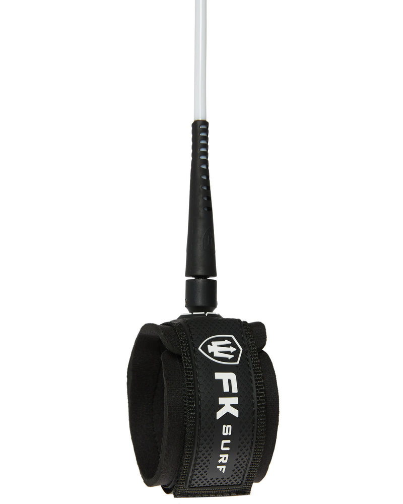Black surfboard leash with white cord, padded ankle strap, and bold FK Surf branding with a white trident logo.
