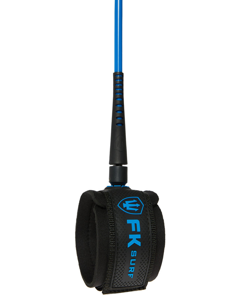 Black and blue surf leash with 'FK Surf' branding on a white background