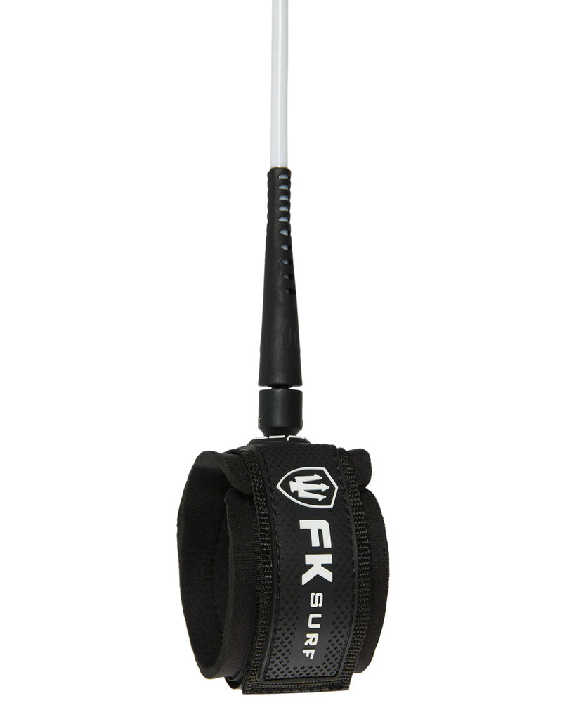 Black surf leash with 'FK Surf' branding on a white background