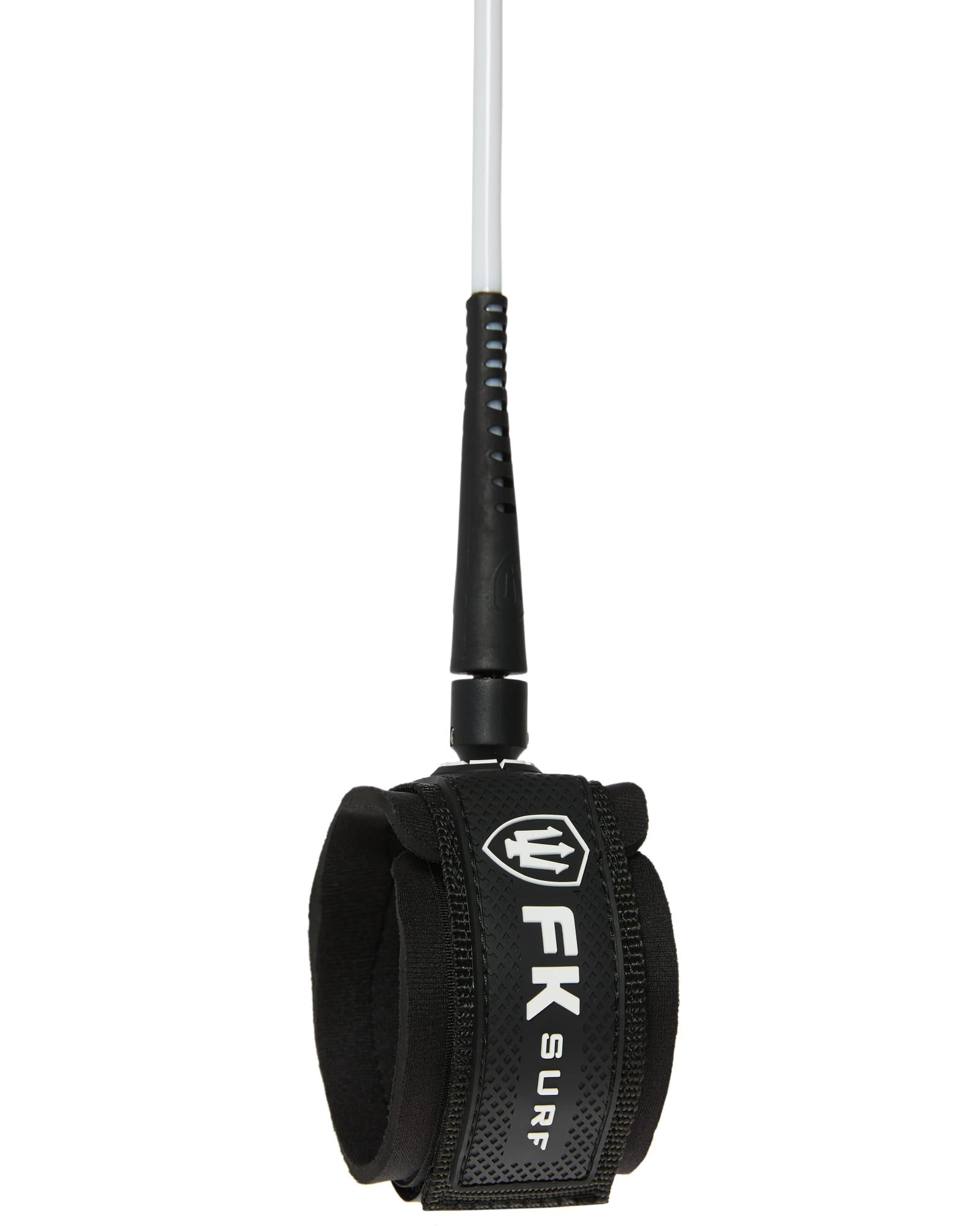 Black surf leash with 'FK Surf' branding on a white background