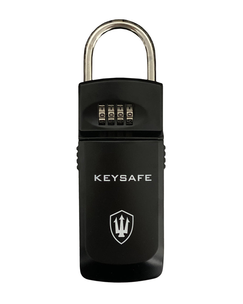 Black KeySafe lock box with chrome shackle and four-digit combination dial for secure key storage.