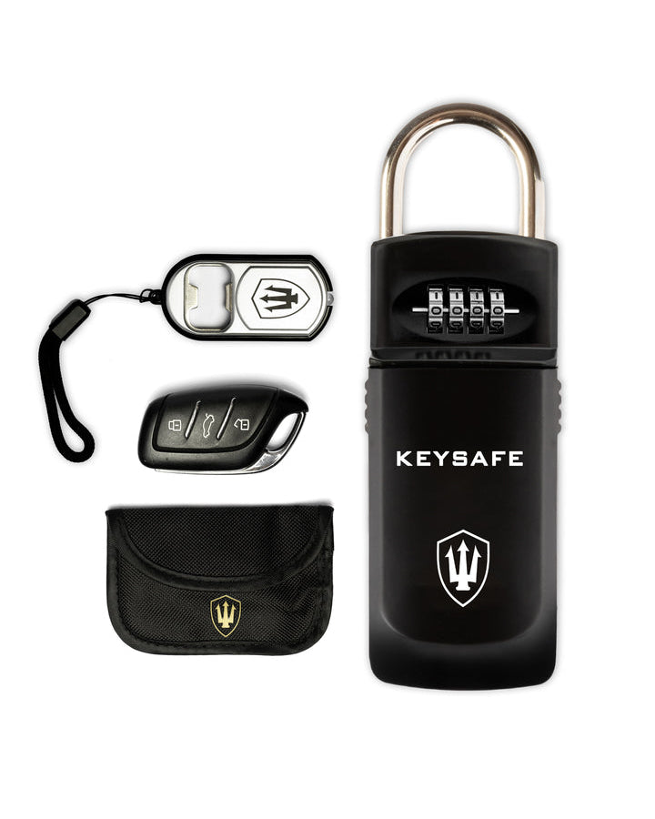 KeySafe lock box bundle with key pouch, fob protector, and accessories for secure outdoor key storage.