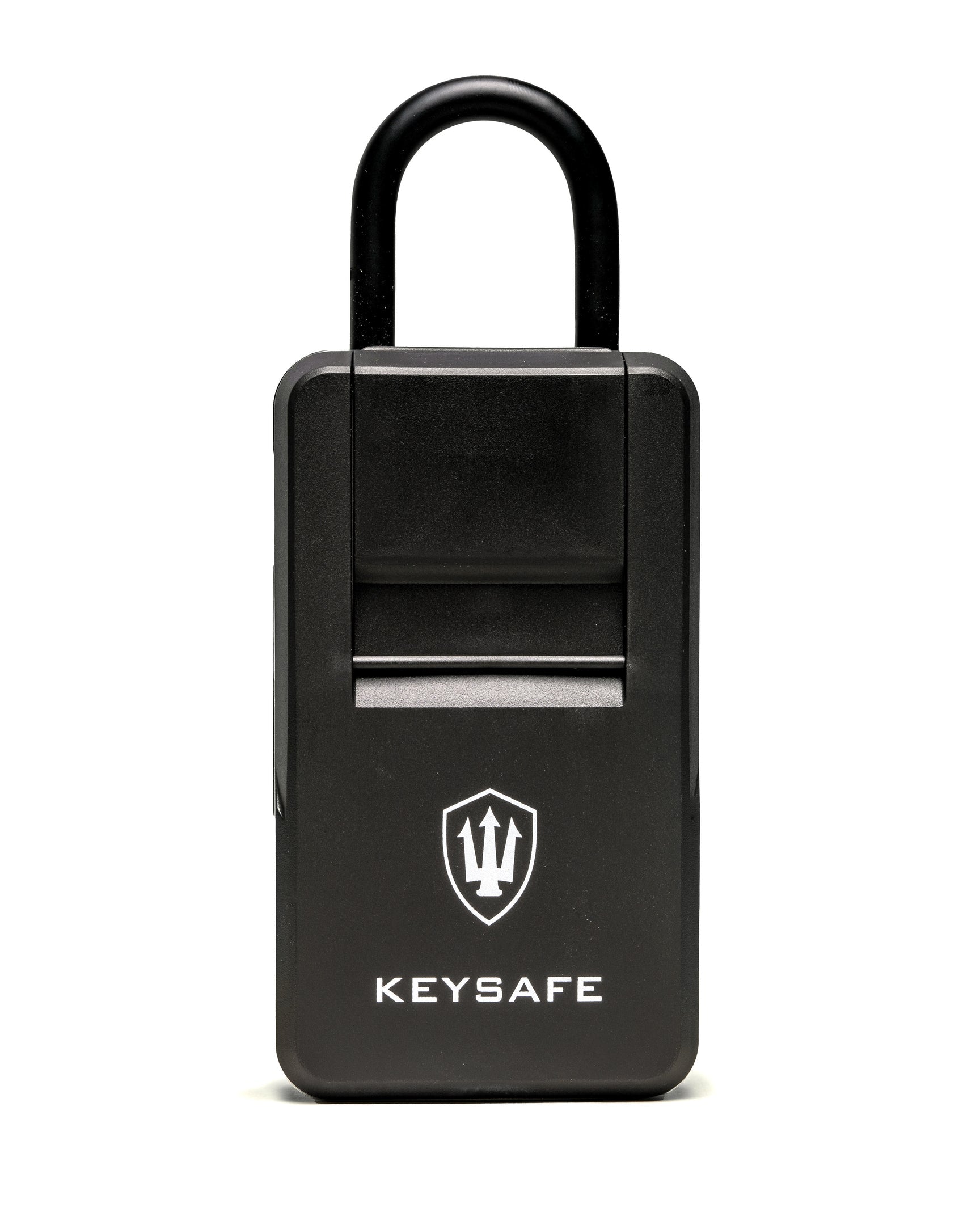 Black KeySafe lock box with protective cover and trident logo for secure key storage.
