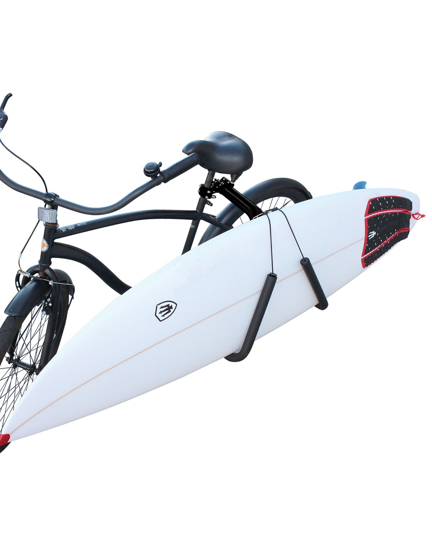 FK Surf bike rack mounted to cruiser bike carrying a shortboard on padded arms.