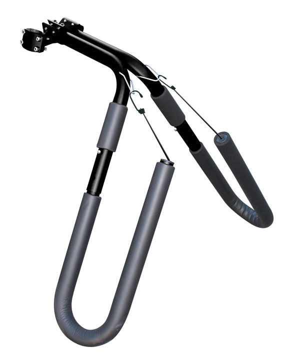 Black FK Surf bike rack for surfboards with padded arms and adjustable mounting system.