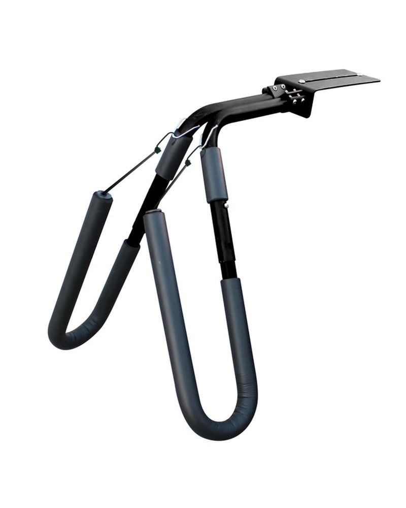 Black scooter surfboard rack with padded arms and adjustable support bars.
