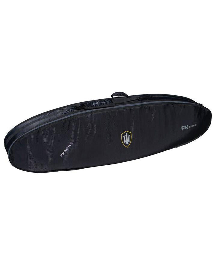 Black FK Surf travel board bag with carry handle, padded construction, and trident logo on the side.
