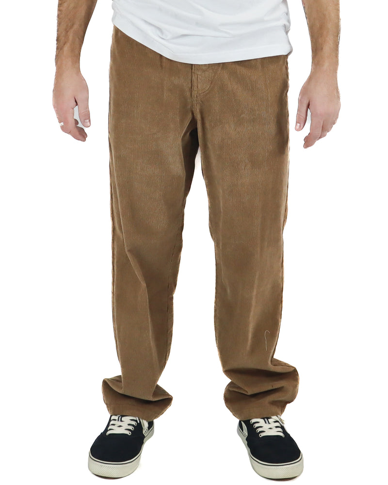 Brown corduroy pants with relaxed fit and straight leg style.