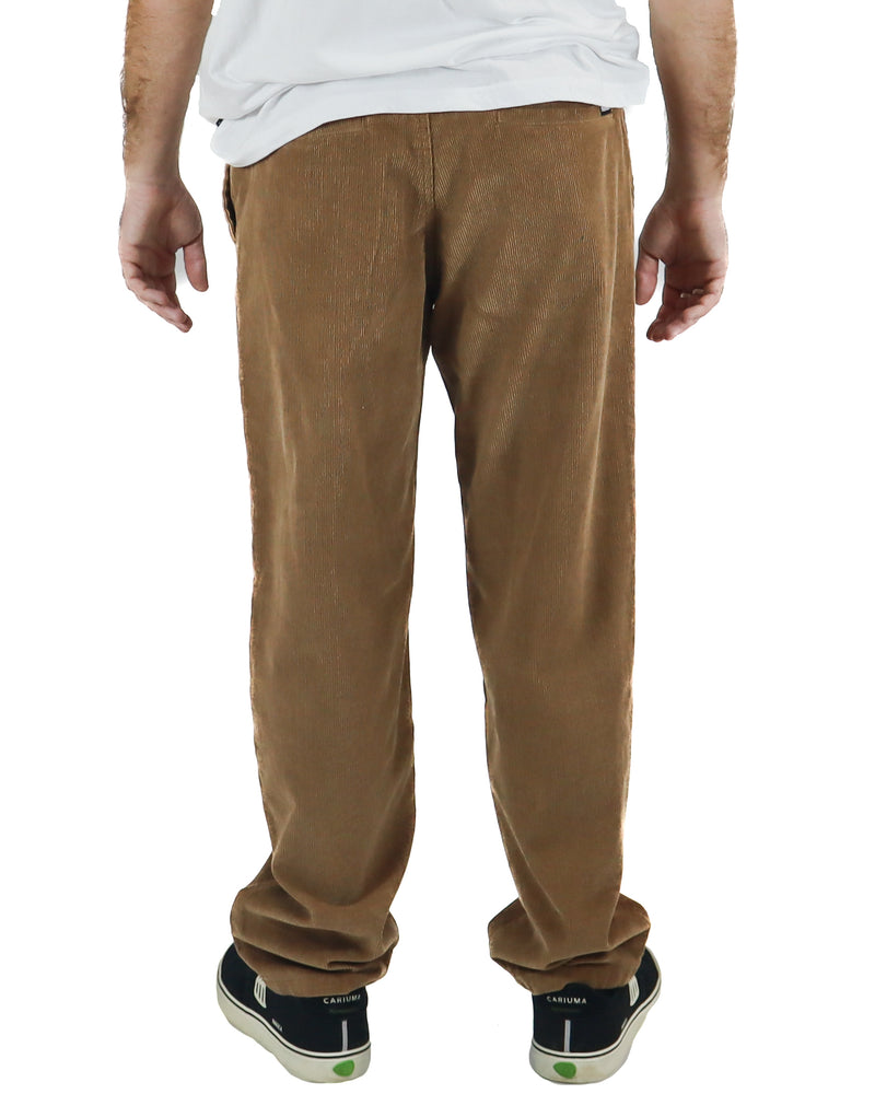 Back view of brown corduroy pants with classic cut.