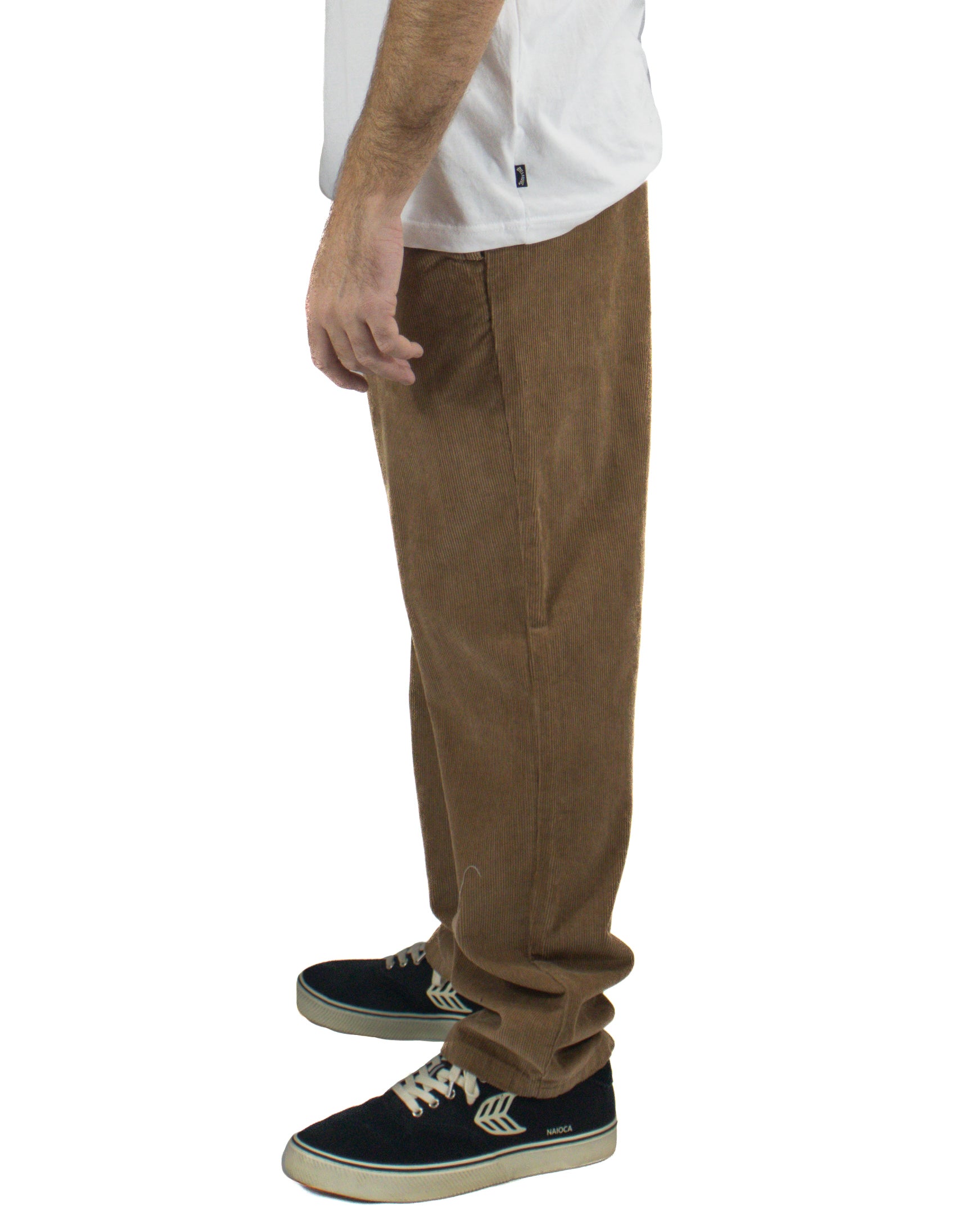 Side view of brown corduroy pants with straight leg design.