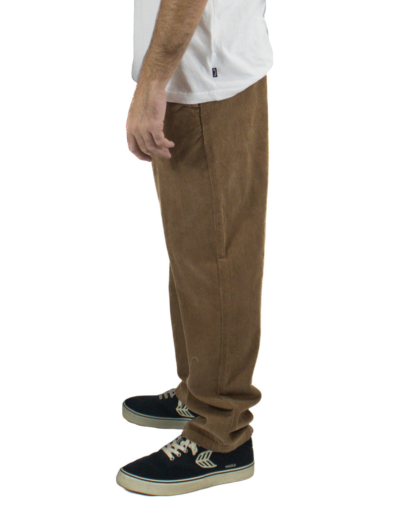 Side view of brown corduroy pants with straight leg design.