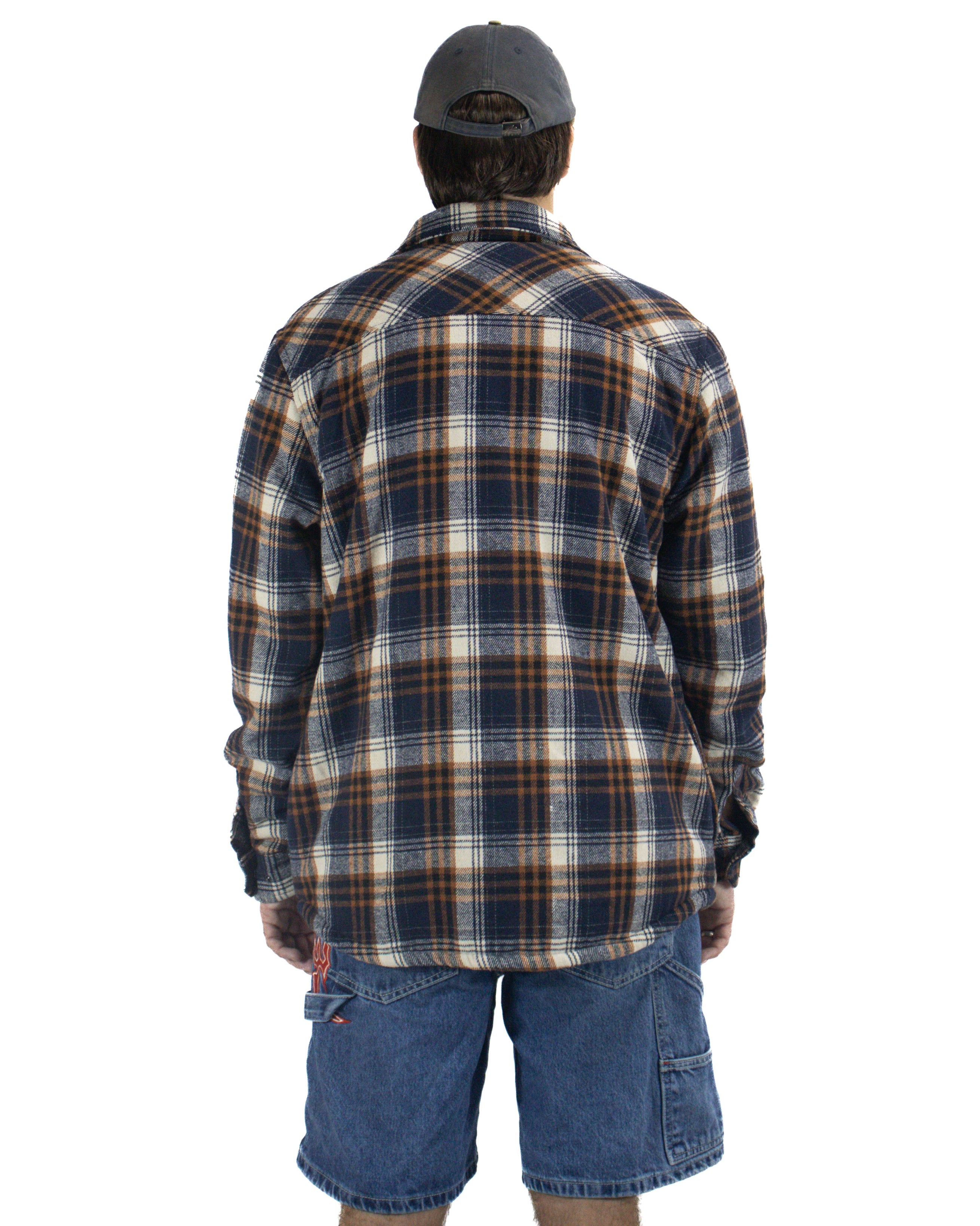 Back view of navy, brown and white check flannel shirt with relaxed fit and long sleeves