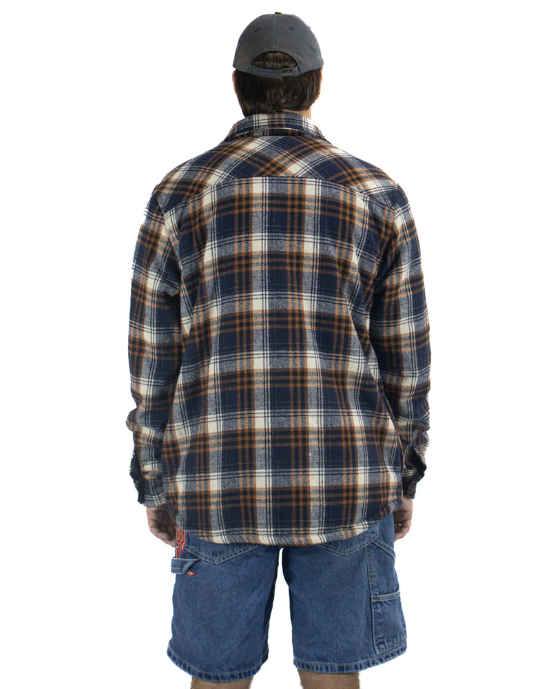 Back view of navy, brown and white check flannel shirt with relaxed fit and long sleeves