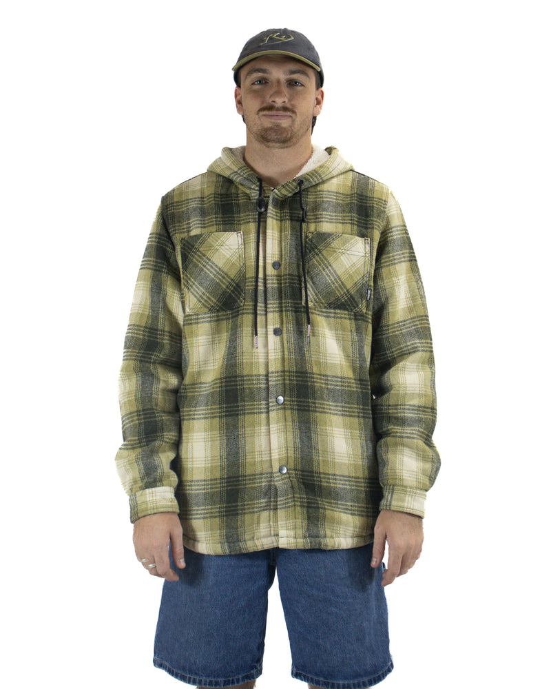 Green and beige check flannel jacket with hood, snap buttons and chest pockets, front view
