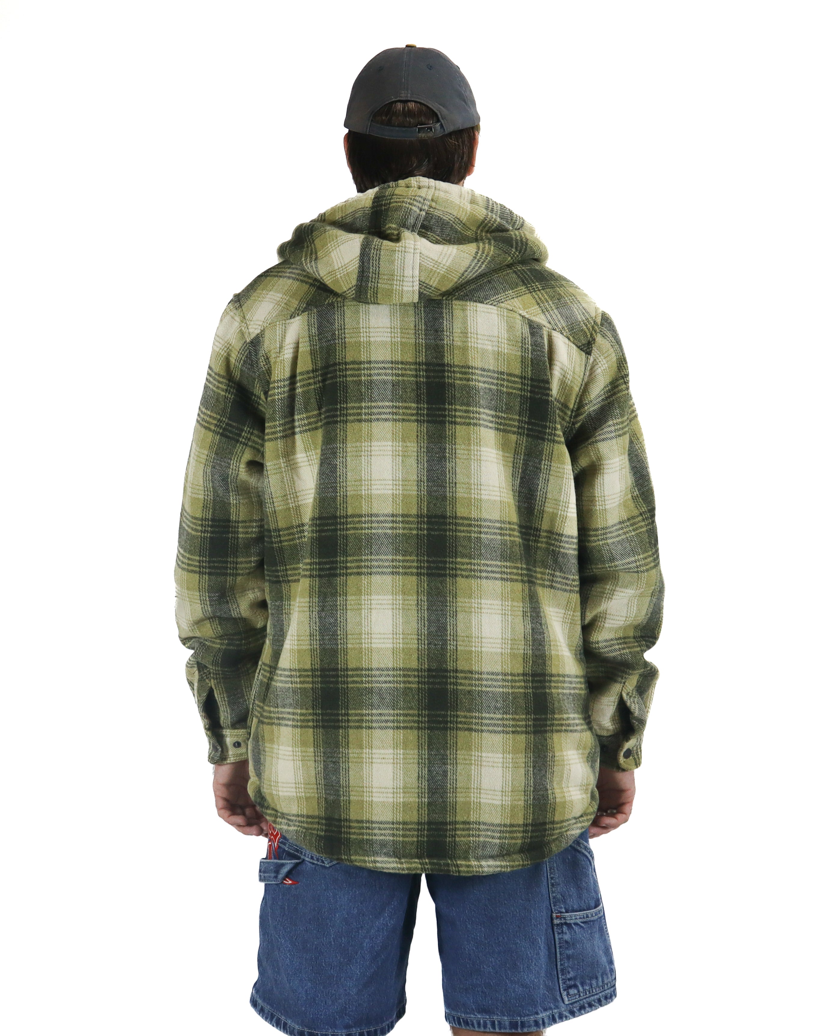Back view of men's green check flannel hooded jacket with relaxed fit and curved hem