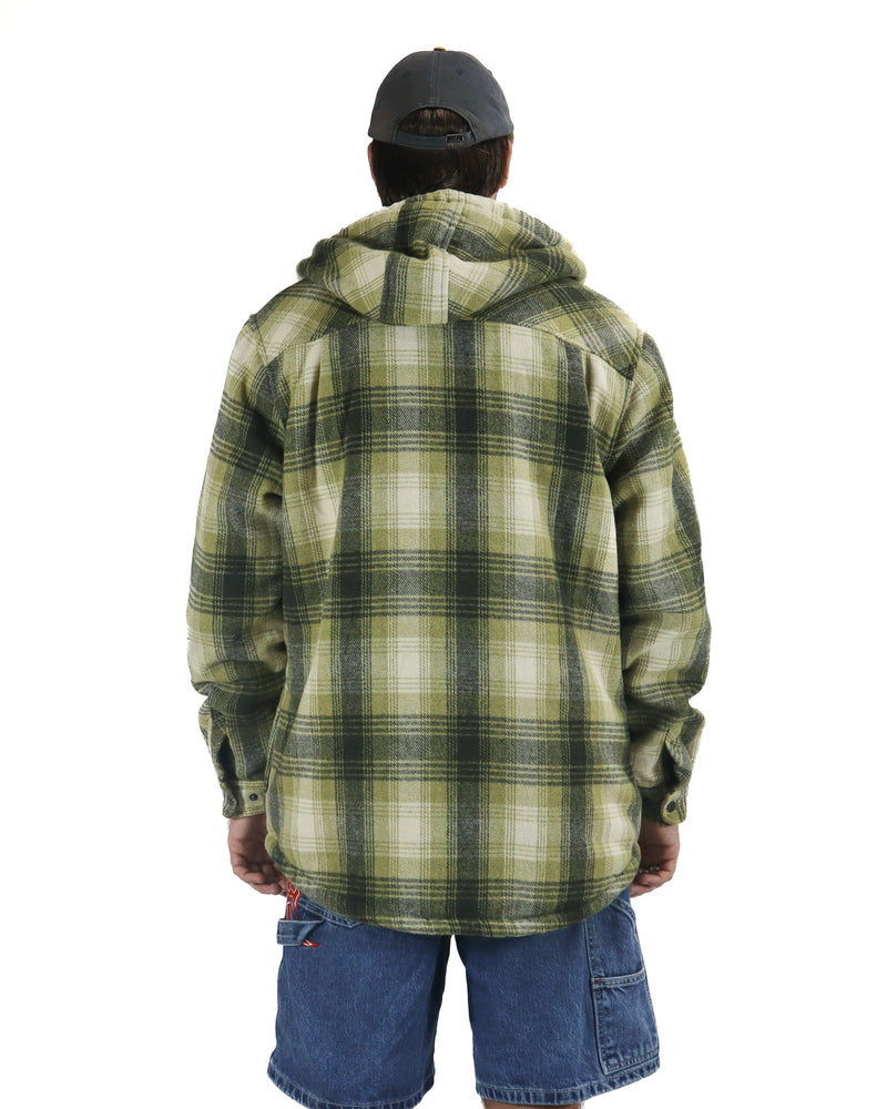 Back view of men's green check flannel hooded jacket with relaxed fit and curved hem