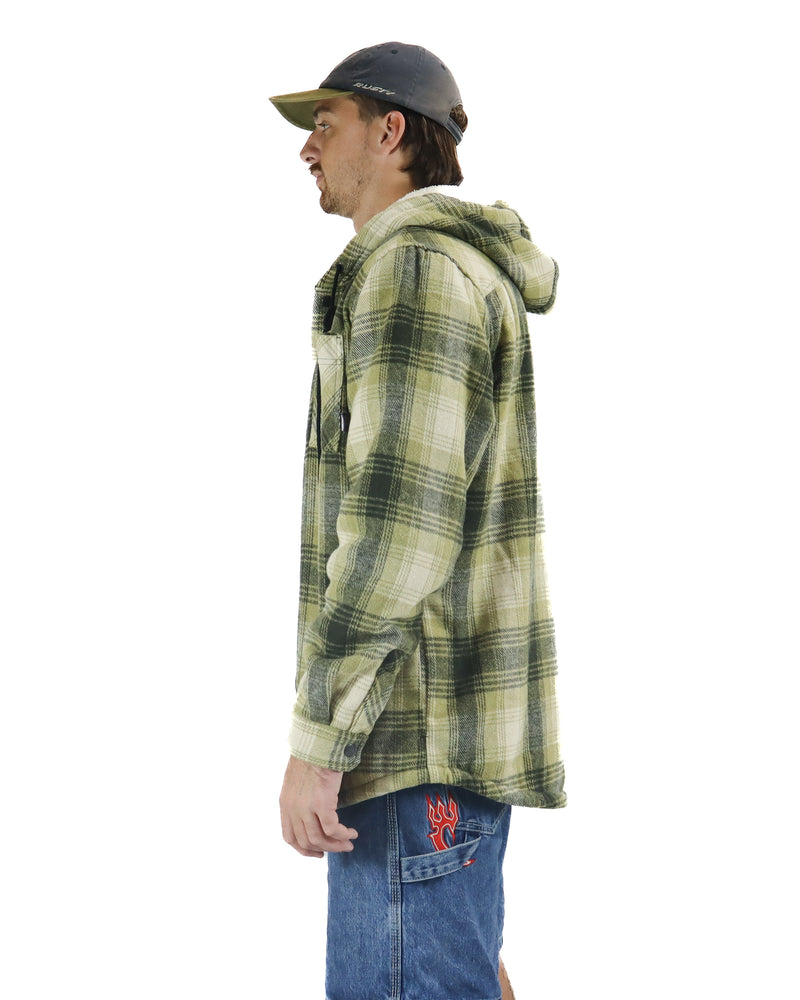 Side profile of green and beige flannel jacket with hood and button cuffs