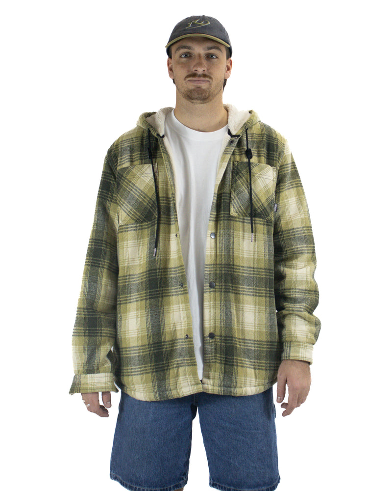 Men's green check hooded flannel jacket layered over white tee, front view open style