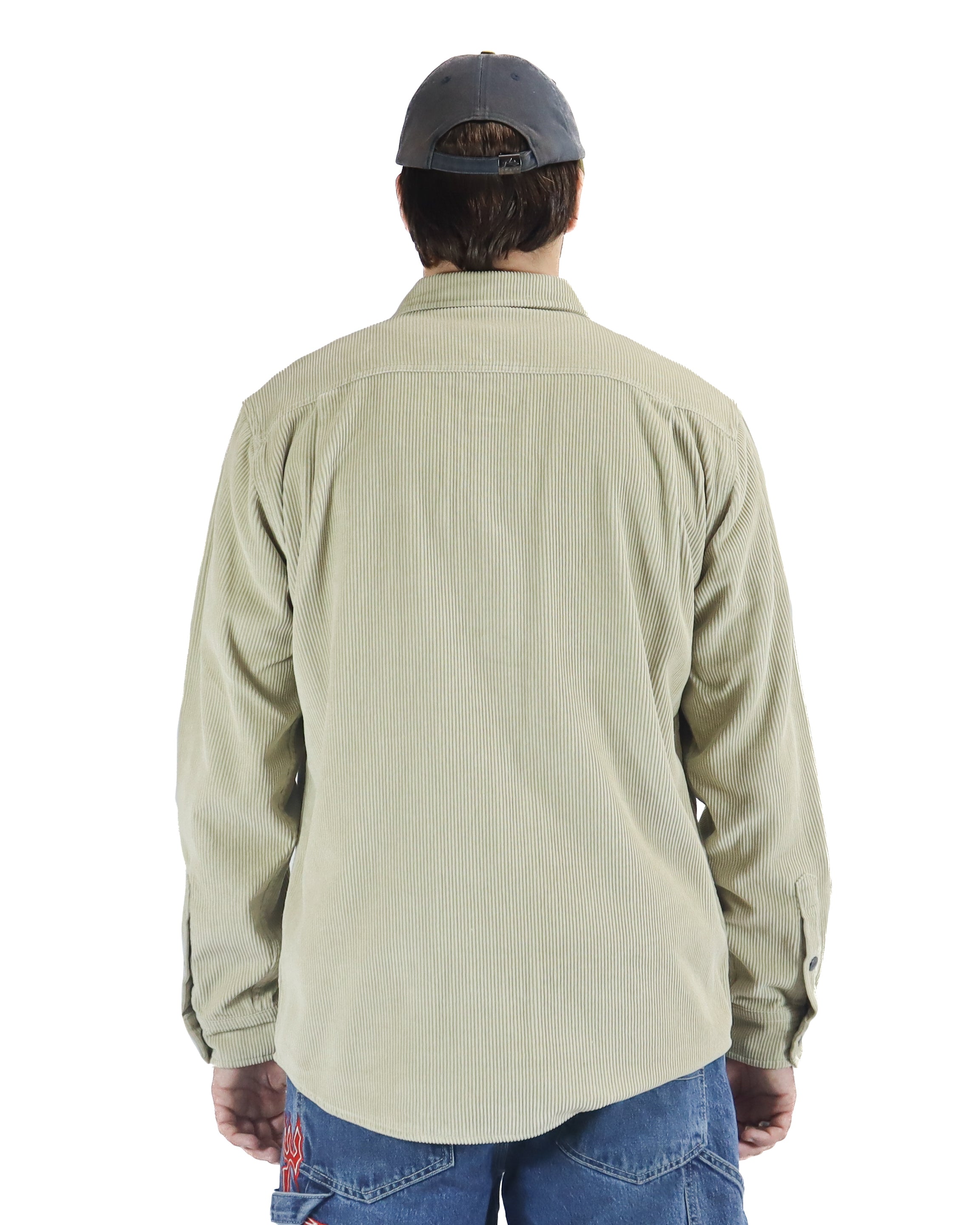 Back view of men's beige corduroy shirt with long sleeves and curved hem