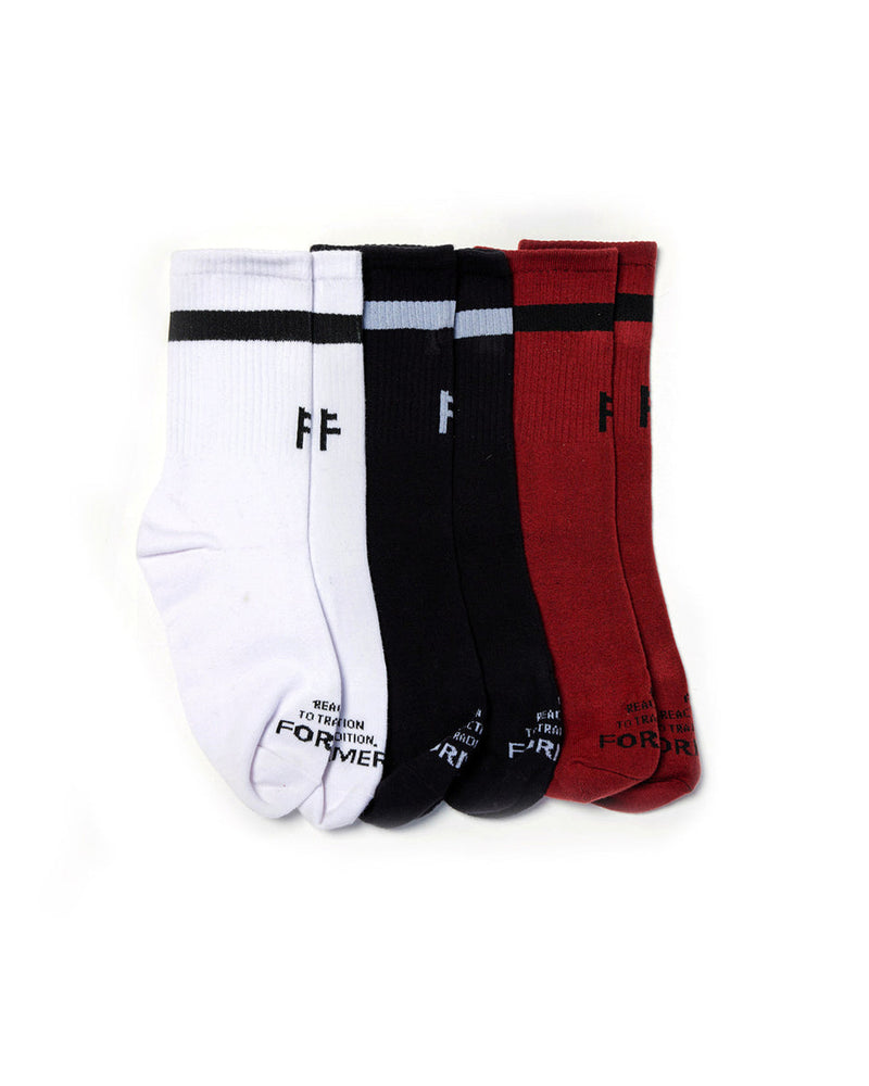 Triple pack of white, black and maroon Former crew socks with stripe detail and arch support.