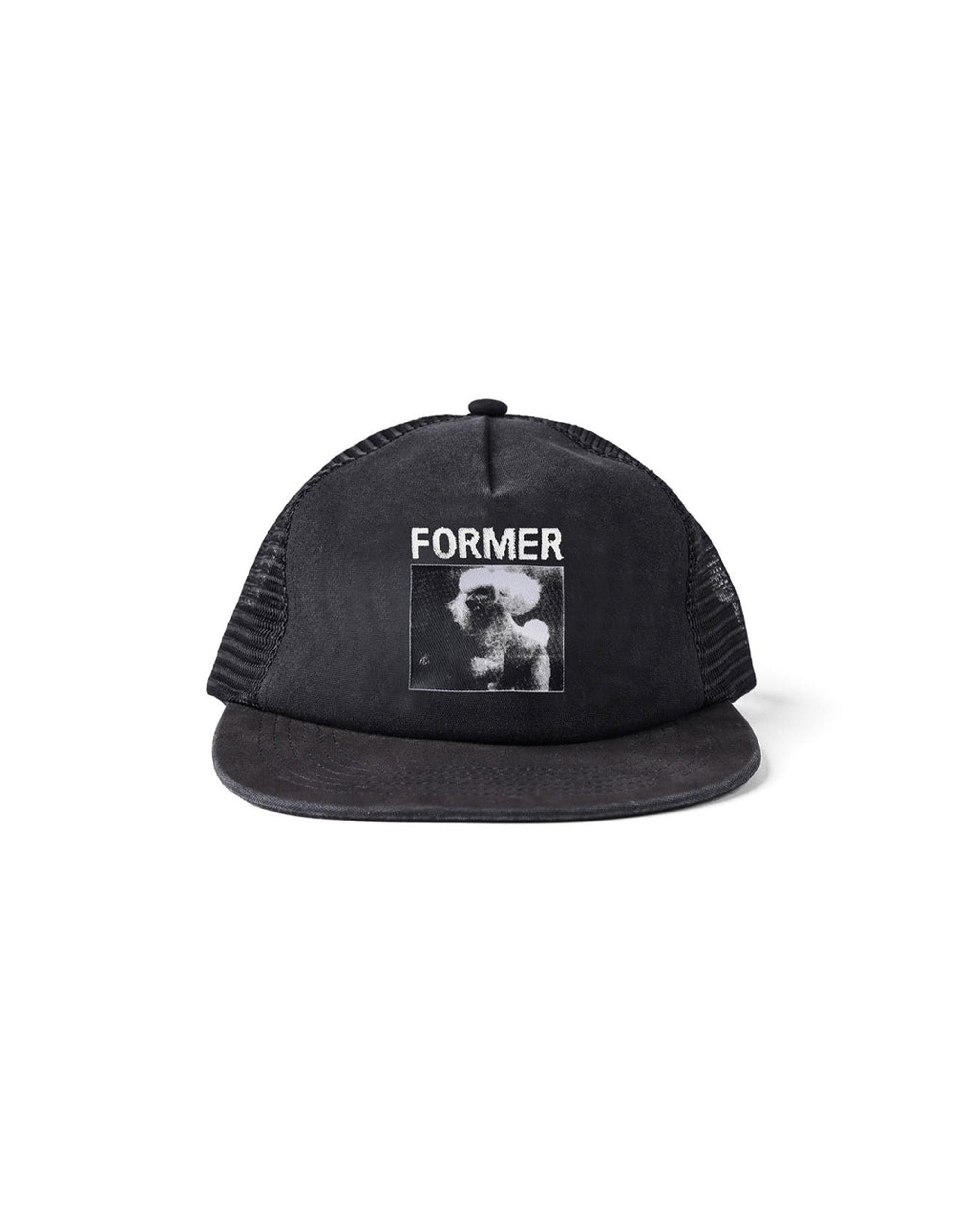 Black Former mesh trucker cap with a front graphic and embroidered logo on structured crown.