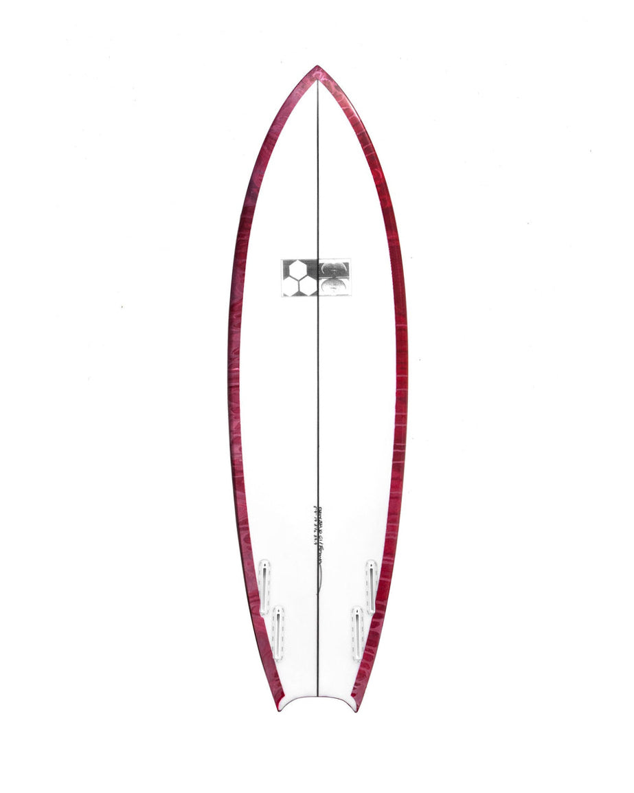 Bottom view of a Channel Islands surfboard with white base, red rail tint, centre stringer and quad fin boxes.