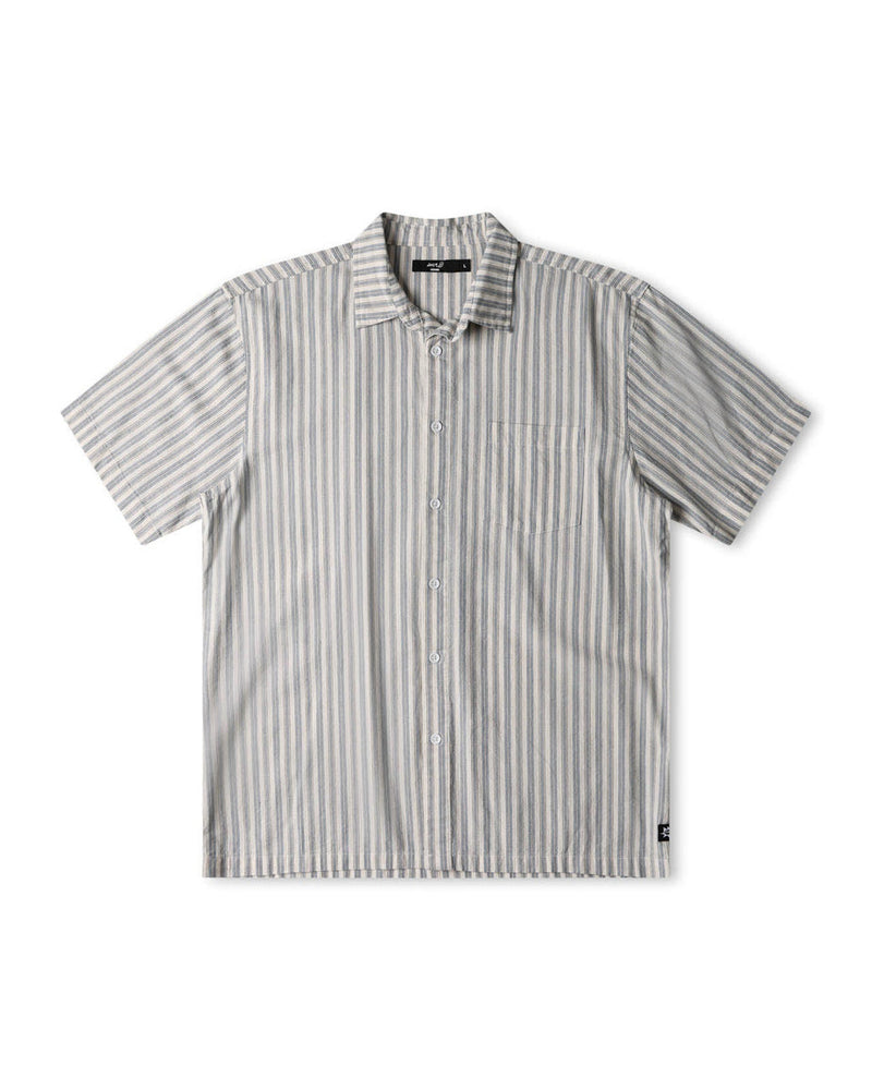 Flat lay of blue and white striped short sleeve button-up shirt with collar