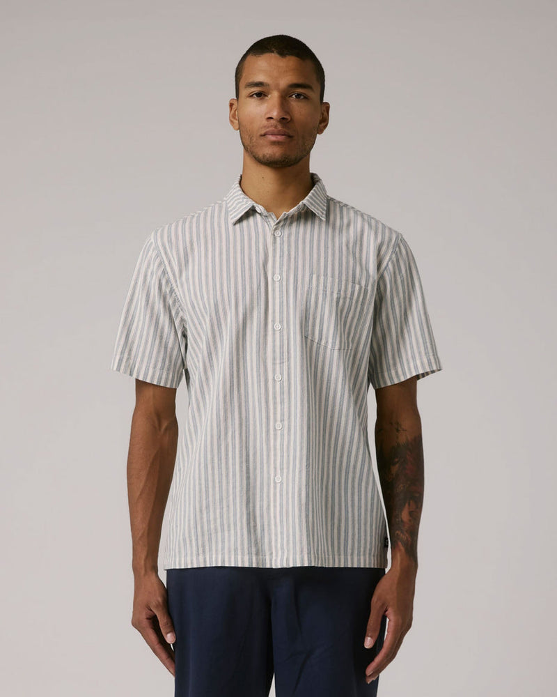 Men's short sleeve shirt with vertical blue and white stripes and front chest pocket