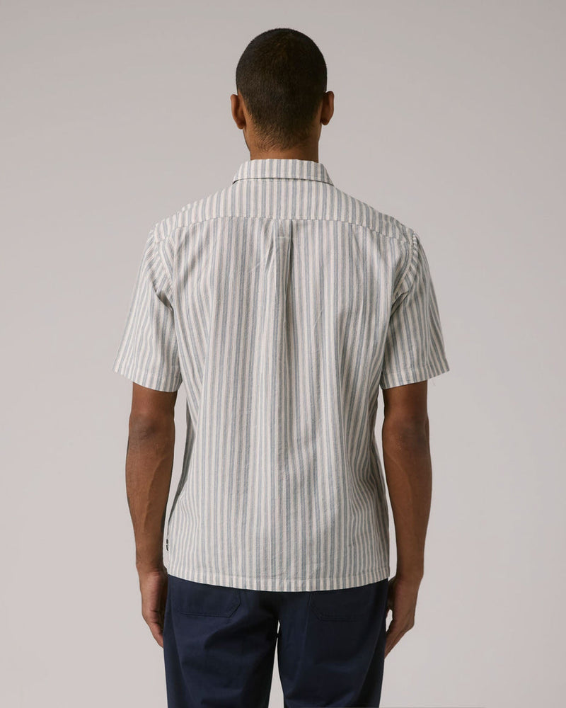 Back view of striped men's button-up shirt with relaxed fit and straight hem