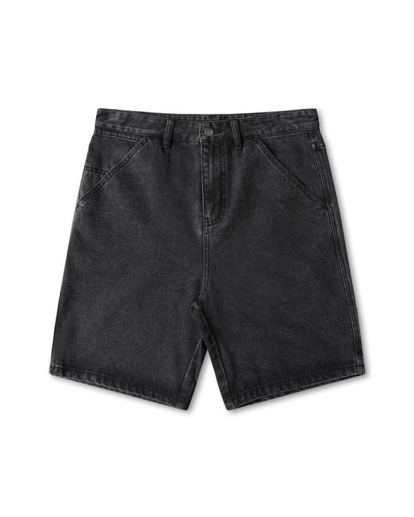Black denim shorts with a button fly and front pockets laid flat