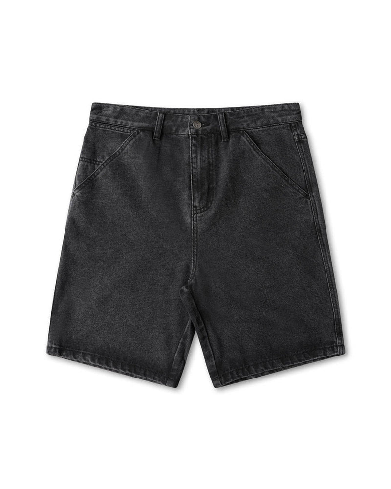 Black denim shorts with a button fly and front pockets laid flat