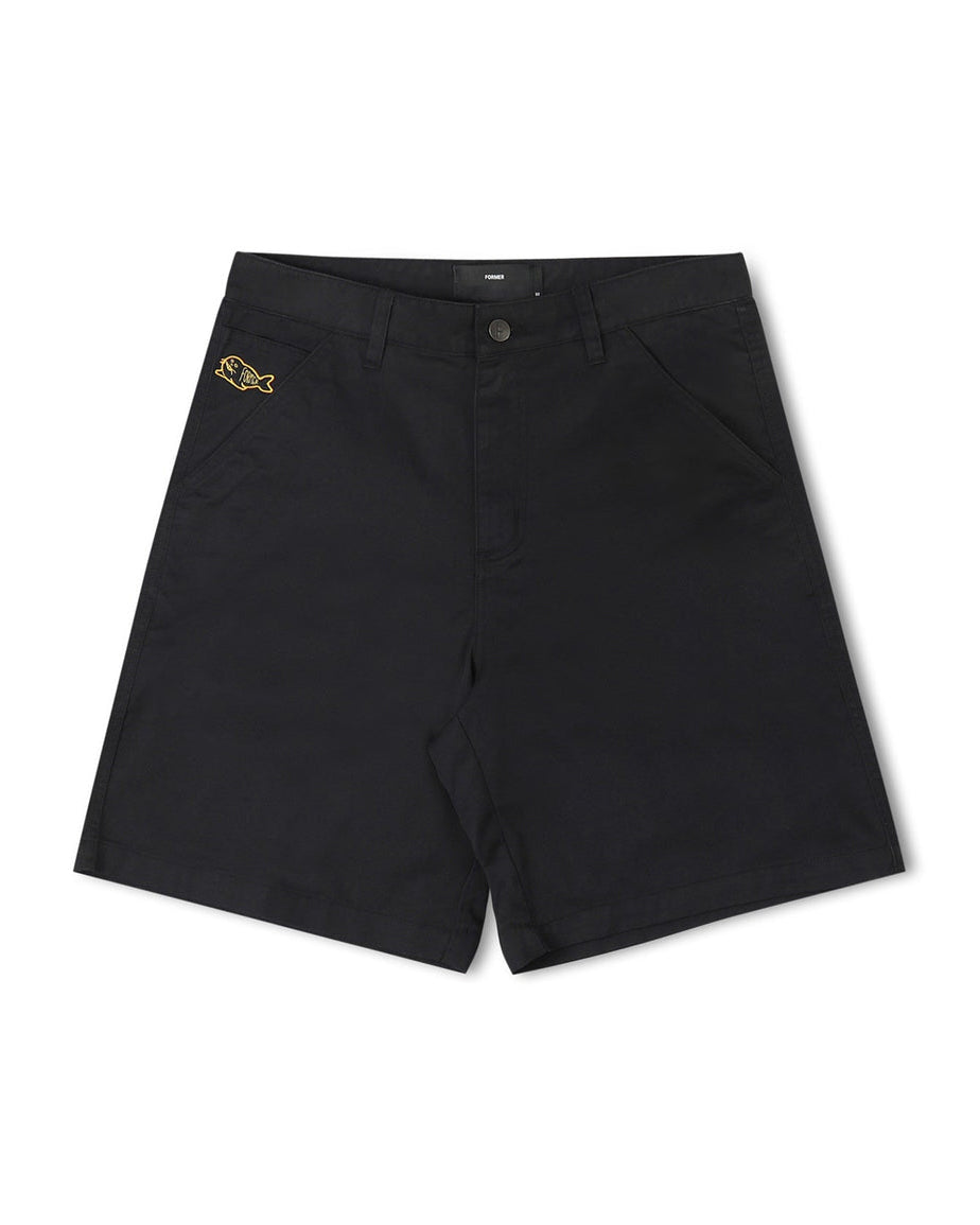 black work shorts with side pockets and embroidered fish detail