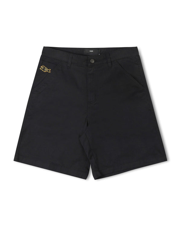 black work shorts with side pockets and embroidered fish detail