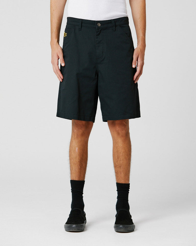Black work shorts front-on with high waist and subtle branding
