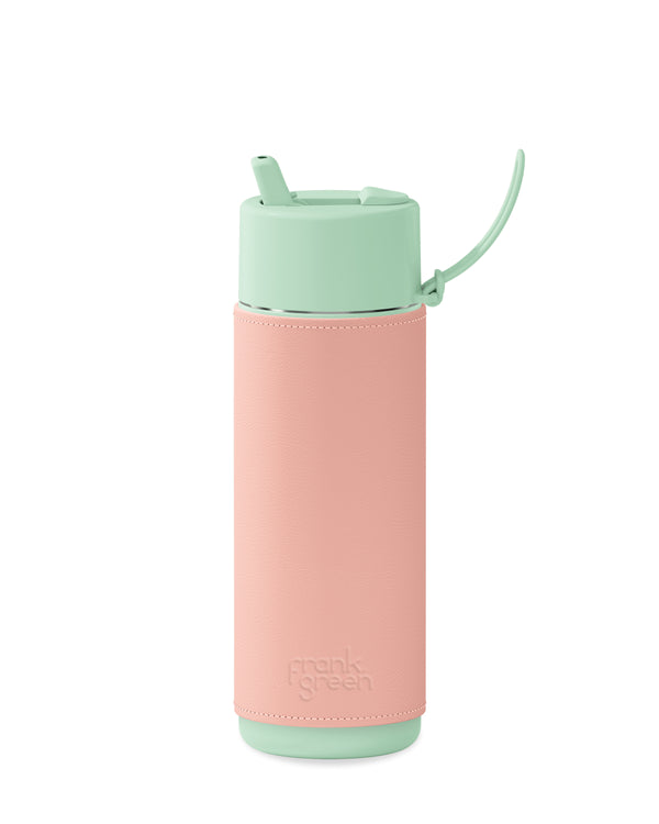 20oz Straw Lid Ceramic Reusable Bottle With Leather Sleeve