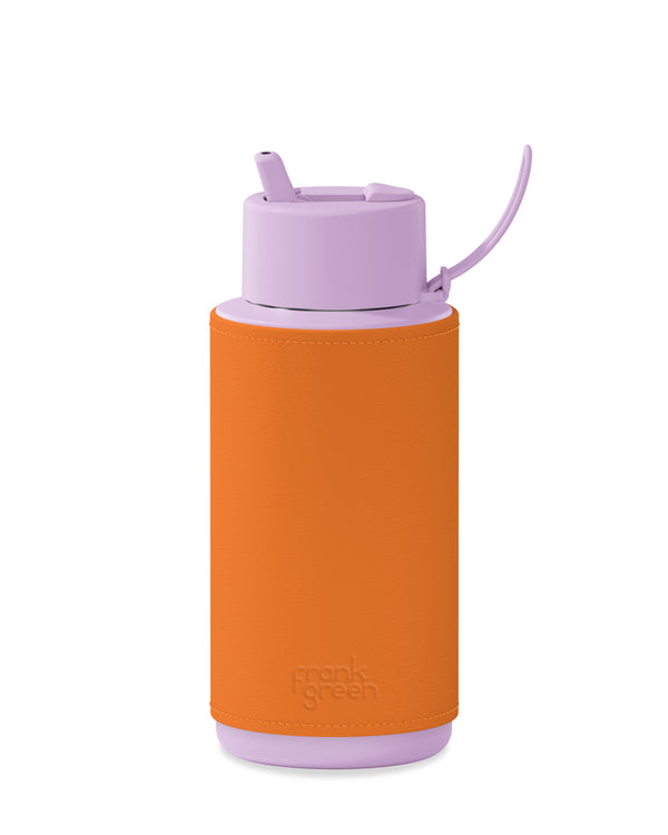 34oz Straw Lid Ceramic Reusable Bottle With Leather Sleeve