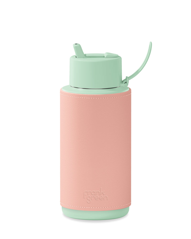 34oz Straw Lid Ceramic Reusable Bottle With Leather Sleeve