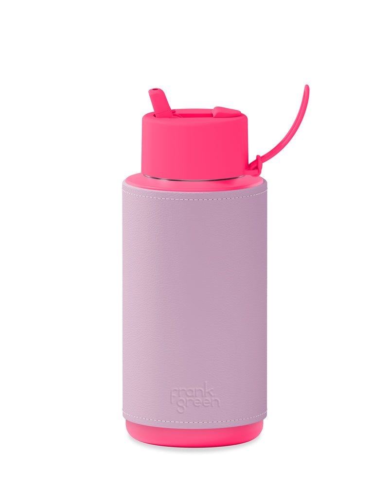 34oz Straw Lid Ceramic Reusable Bottle With Leather Sleeve