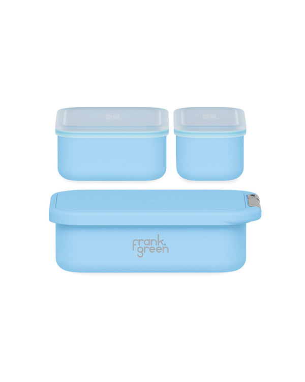 Set of three sky blue Frank Green food storage containers with transparent lids