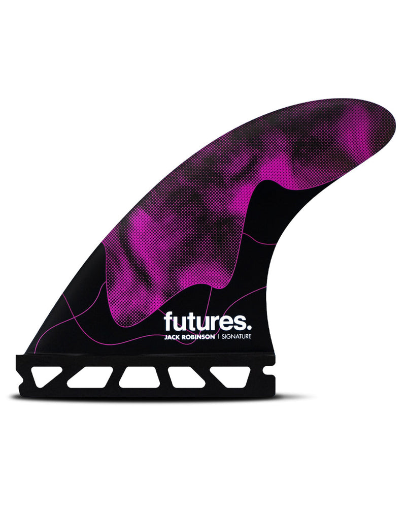 Black and purple Jack Robinson Signature Futures fin with bold graphics and honeycomb base for speed and control.