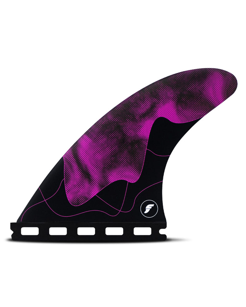 Matching Futures side fin with black base and vibrant purple smoke pattern, designed for performance and style.