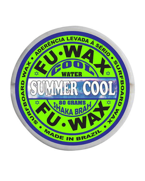 Round FU Wax surfboard wax with a bright green and blue design, labeled 'Summer Cool,' 'Shaka Brah,' and 'Made in Brazil.