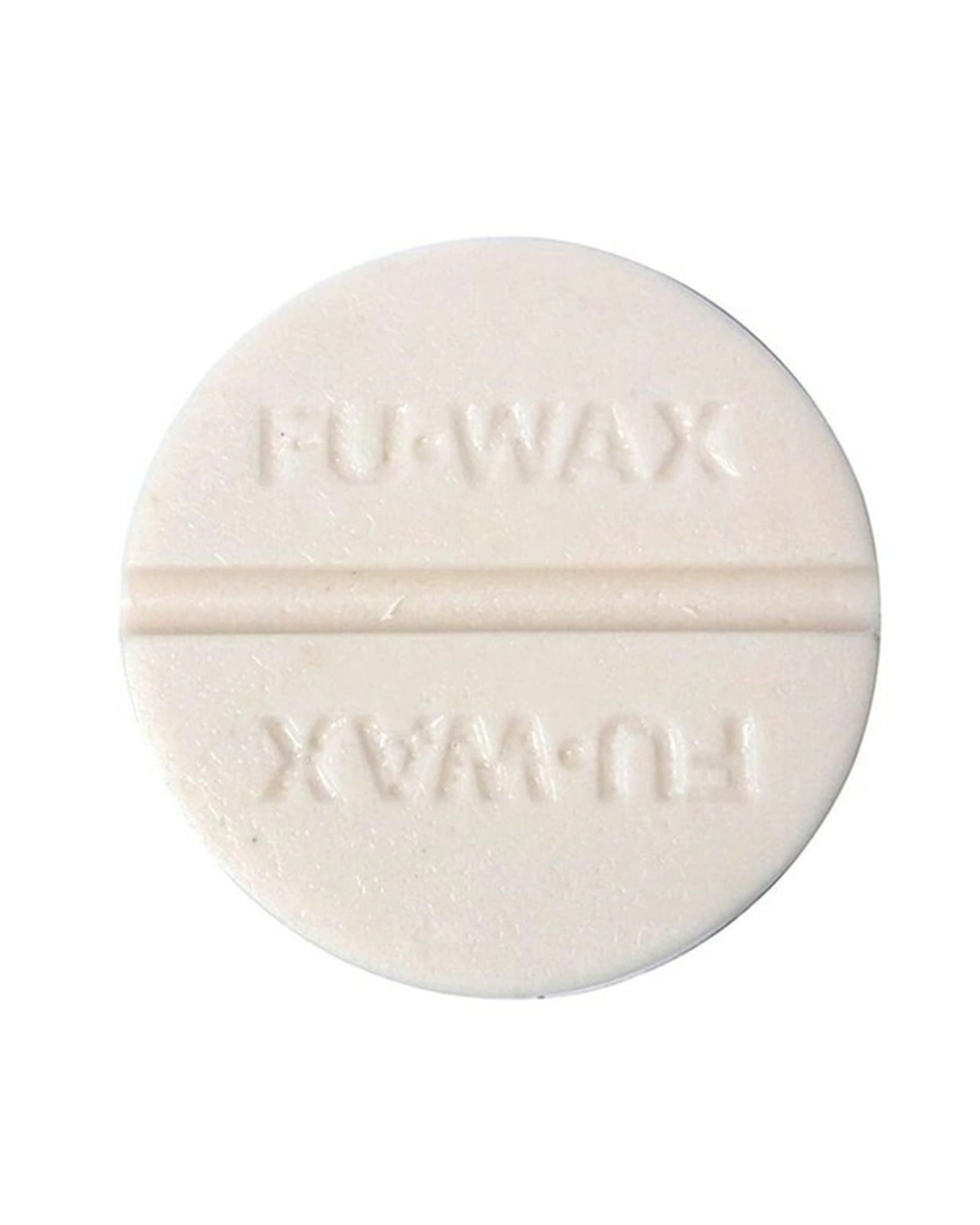 Round FU Wax bar with embossed logo and centre groove, designed for strong grip in warm water conditions.