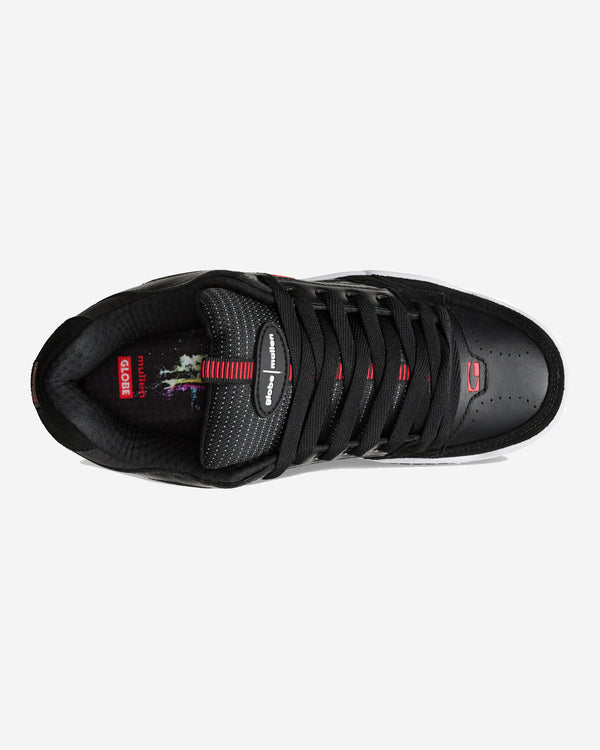 Top view of a black Globe skate shoe with perforated padded tongue, red accents, and thick black laces for a secure fit.